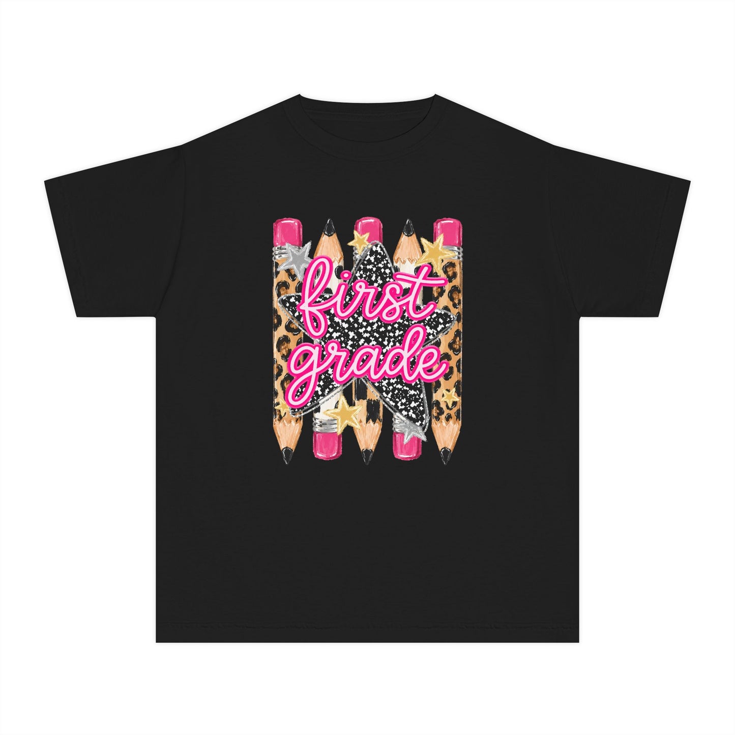 First Grade Leopard Pencil Youth Tee — Back to School Graphic Shirt
