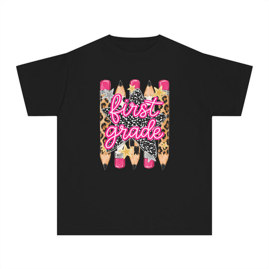 First Grade Leopard Pencil Youth Tee — Back to School Graphic Shirt
