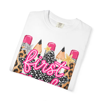First Grade Pencil Leopard T-Shirt — Cute Back-to-School Tee