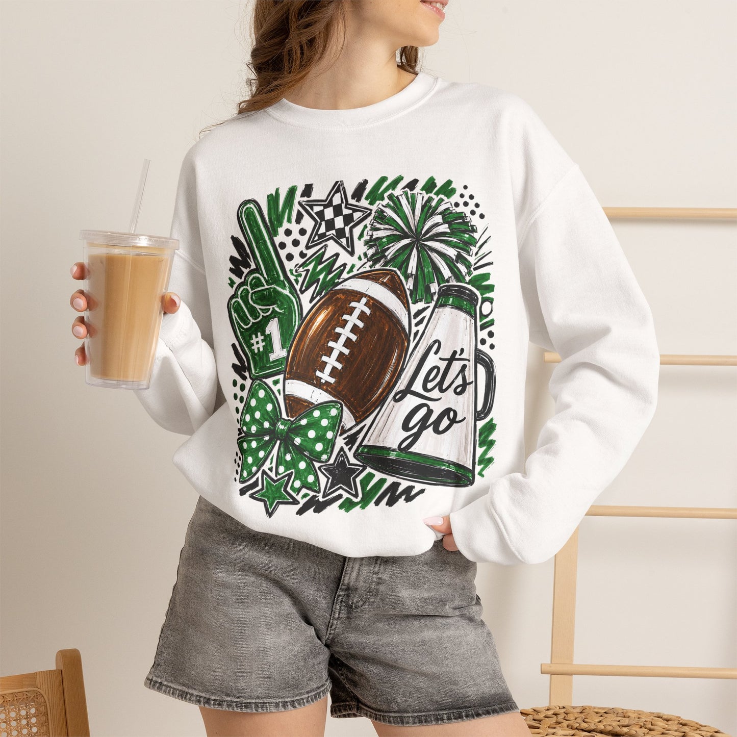 Football Spirit Crewneck Sweatshirt — “Let’s Go” Game Day Green