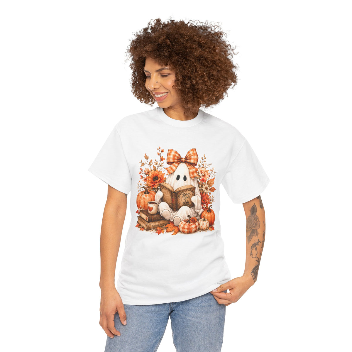 Fall Reading Ghost T-Shirt — Cute Pumpkin & Book Autumn Tee