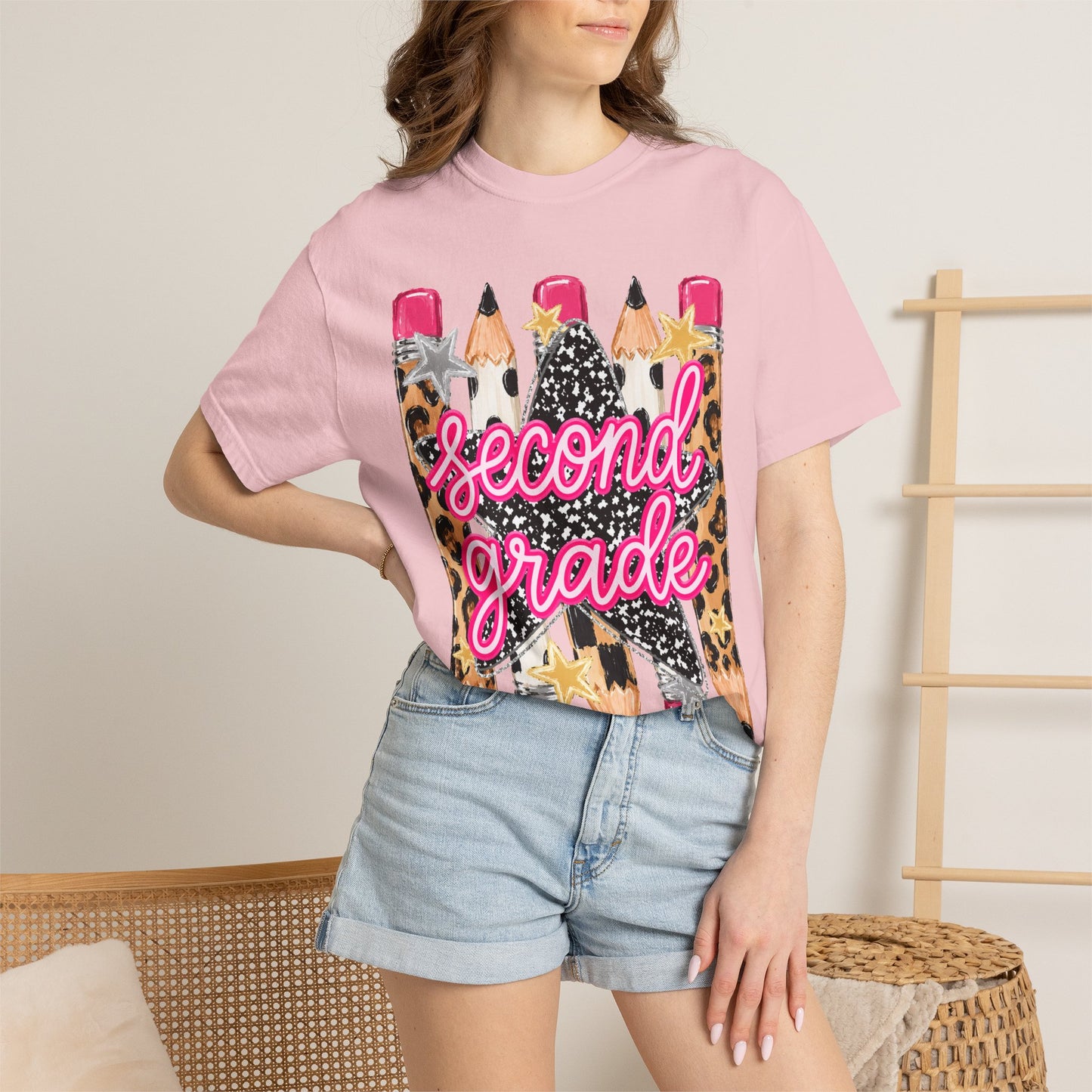 Second Grade Pencil Leopard T-Shirt — Cute Back-to-School Teacher Tee