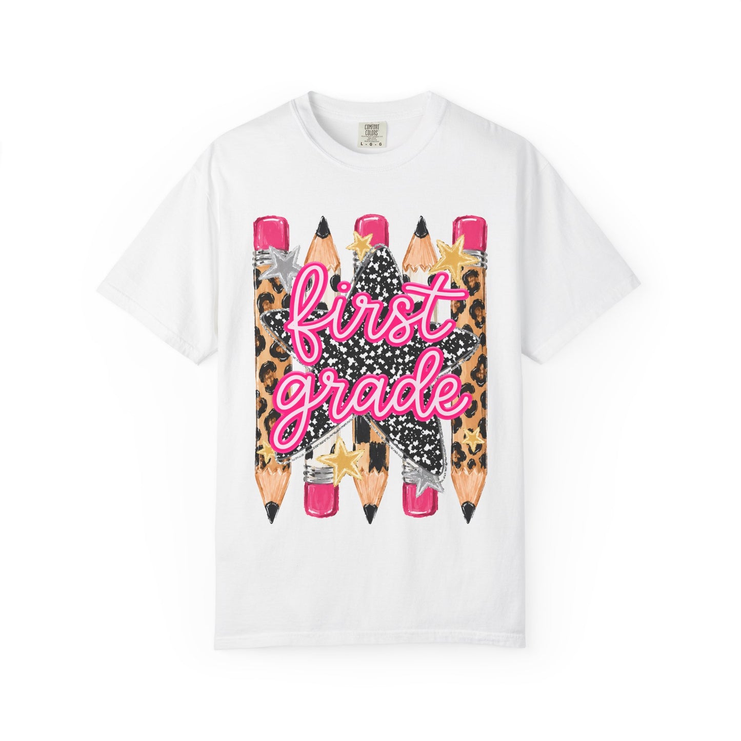 First Grade Pencil Leopard T-Shirt — Cute Back-to-School Tee