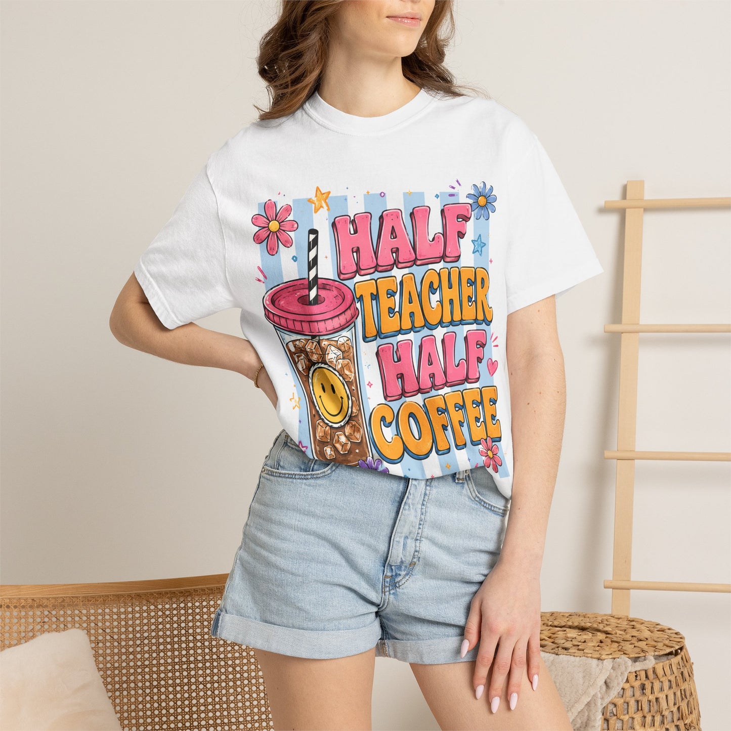 Teacher Coffee T-Shirt — "Half Teacher Half Coffee" Cute Floral Iced Coffee Tee