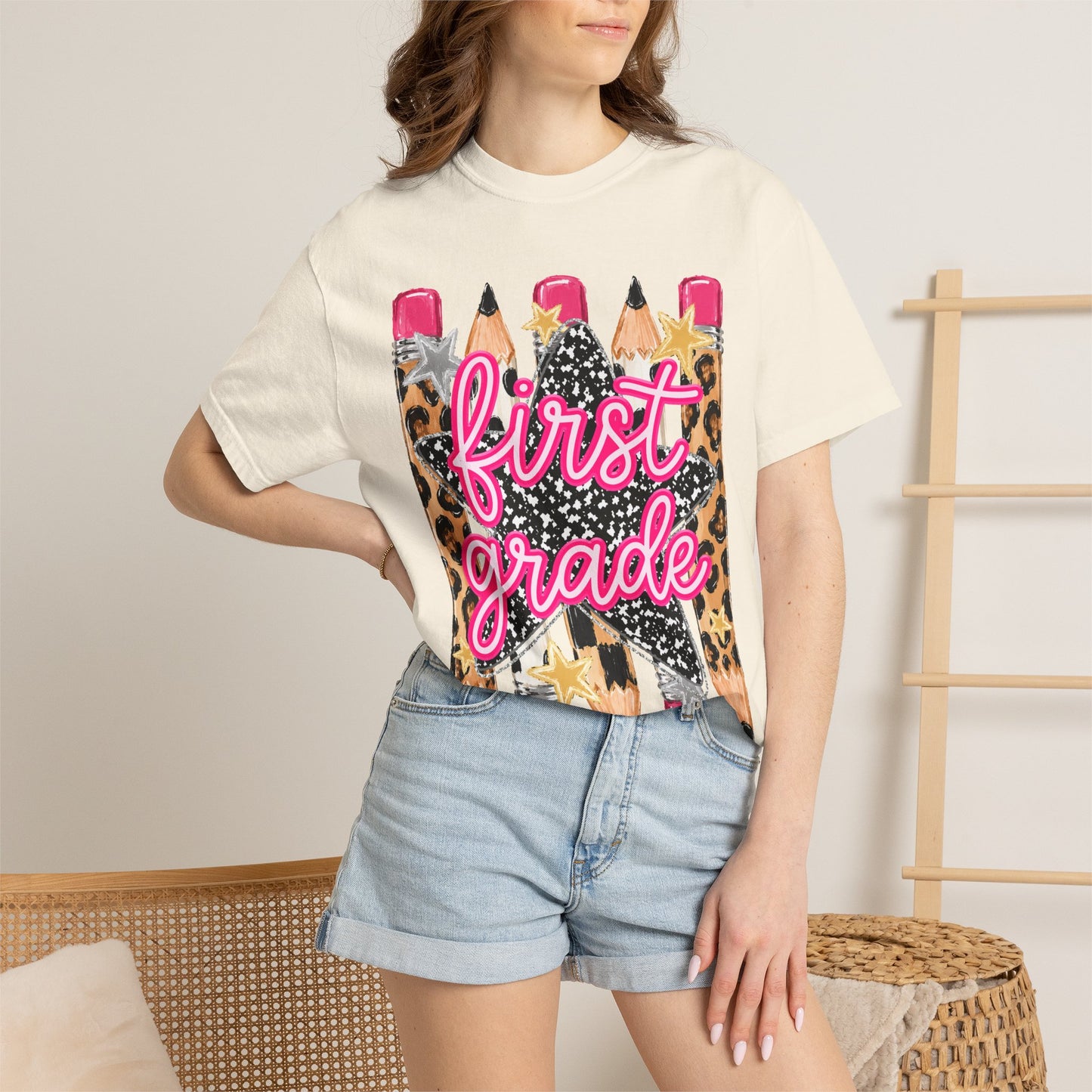 First Grade Pencil Leopard T-Shirt — Cute Back-to-School Tee