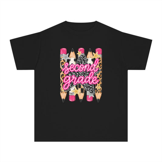 Second Grade Pencils Youth Tee — Cute Leopard & Pink Back-to-School Shirt