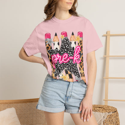 Pre-K Leopard Pencil Star T-Shirt — Cute Preschool Teacher / Back-to-School Tee