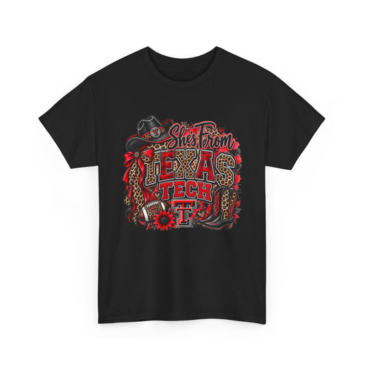 She’s From Texas Tech Cowboy Tee — Red & Black Western Graphic T-Shirt