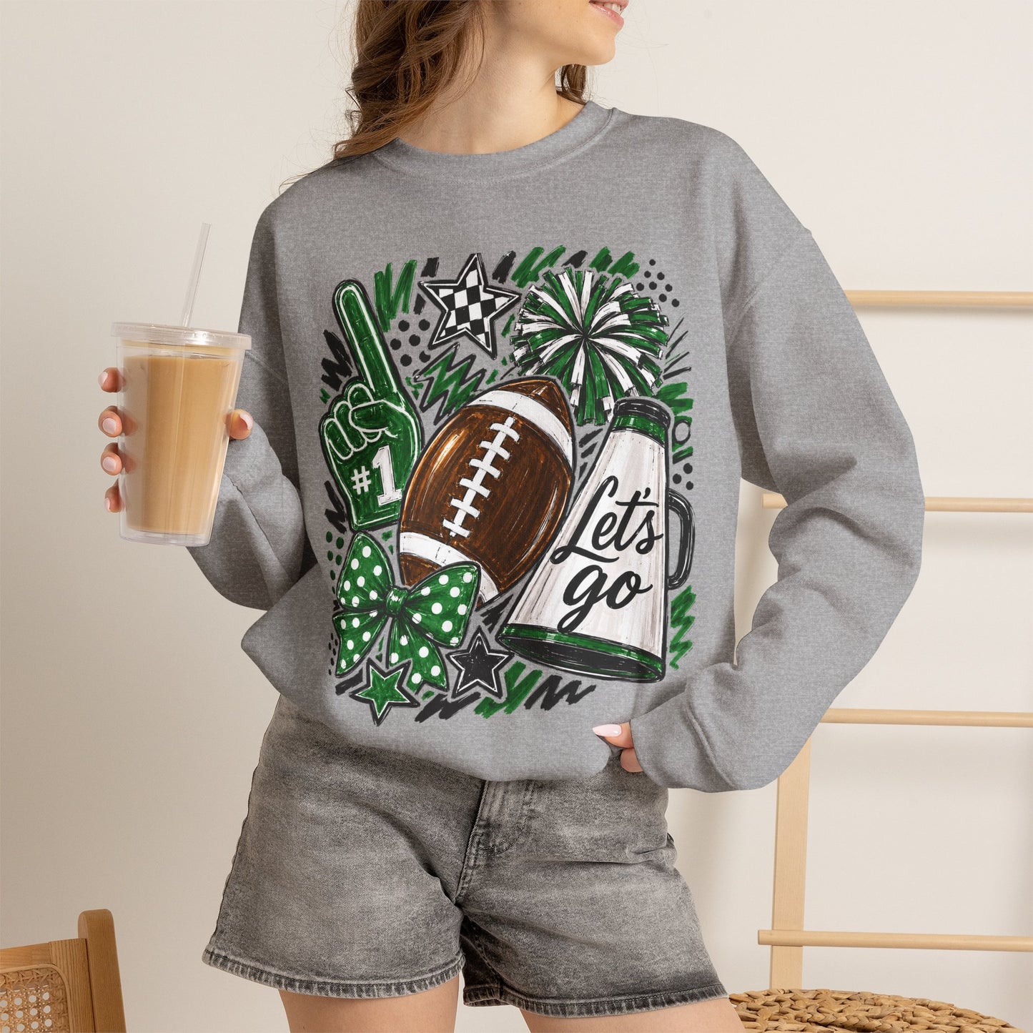 Football Spirit Crewneck Sweatshirt — “Let’s Go” Game Day Green