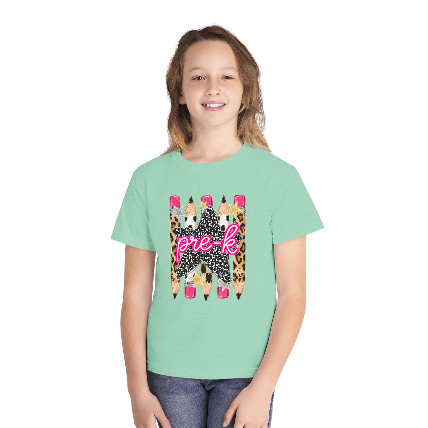 Pre-K Leopard Pencil Youth Tee — Cute Back-to-School Shirt for Preschool Girls