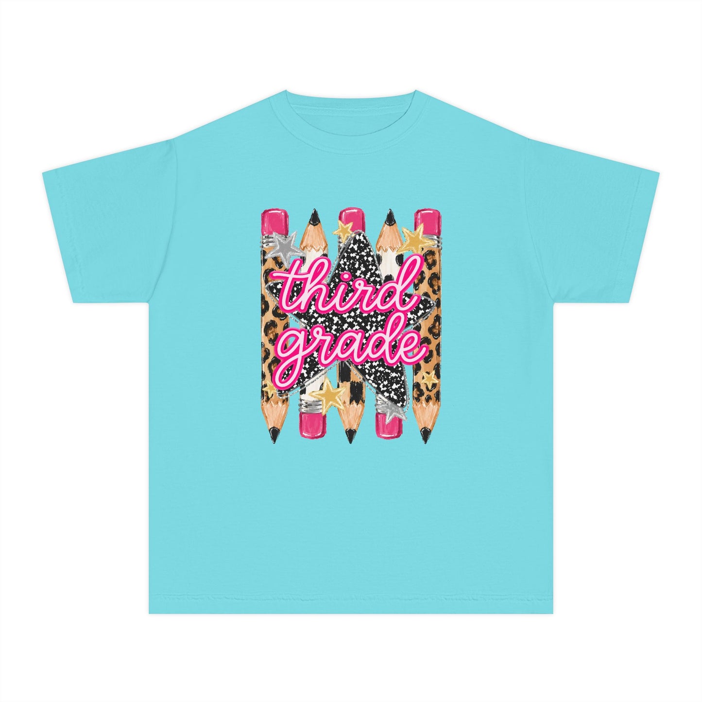 Third Grade Pencils Youth Tee — Leopard & Glitter Back-to-School Shirt
