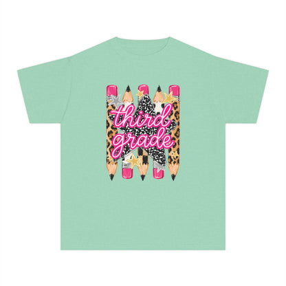 Third Grade Pencils Youth Tee — Leopard & Glitter Back-to-School Shirt