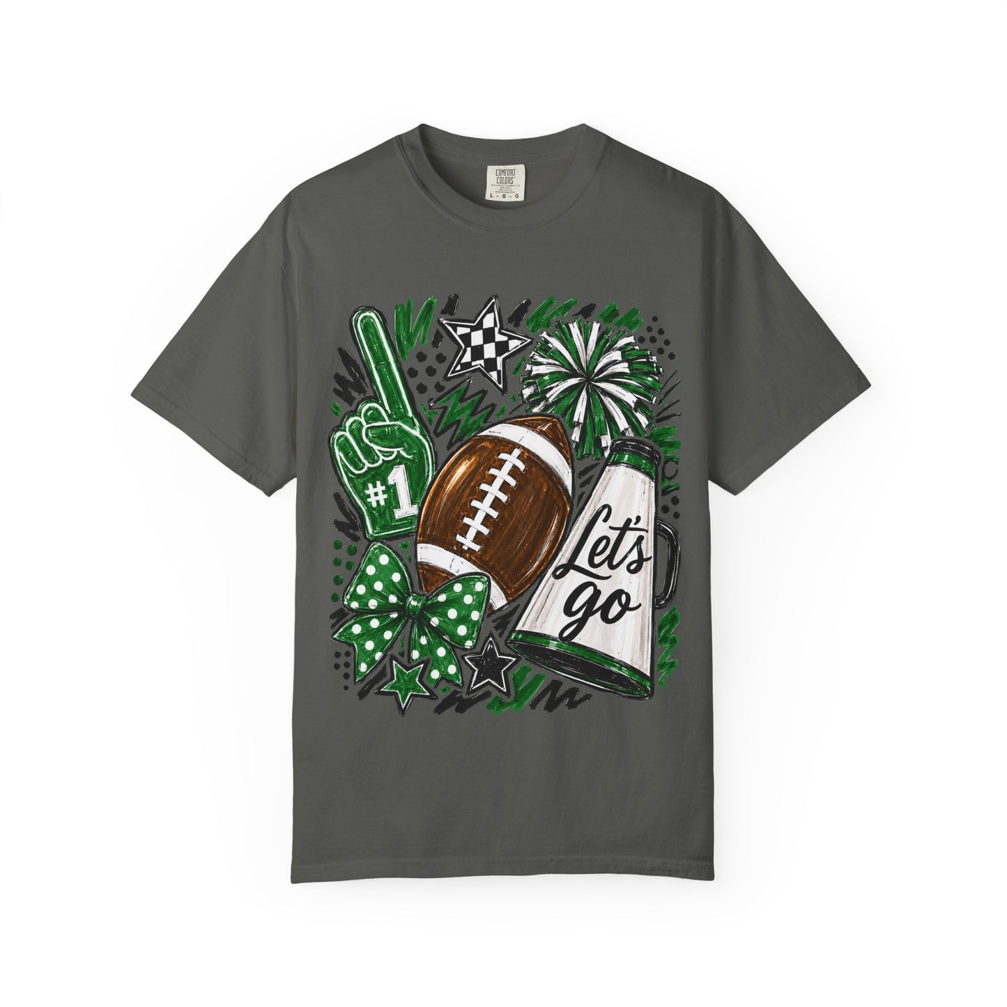 Football Fan Graphic T‑Shirt — 'Let's Go' Cheer Design Green