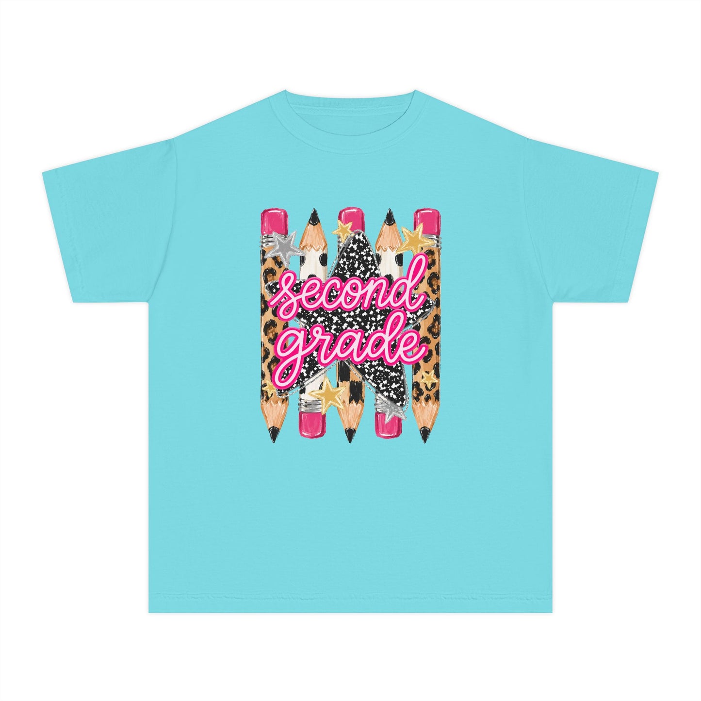 Second Grade Pencils Youth Tee — Cute Leopard & Pink Back-to-School Shirt