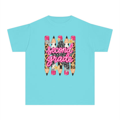 Second Grade Pencils Youth Tee — Cute Leopard & Pink Back-to-School Shirt