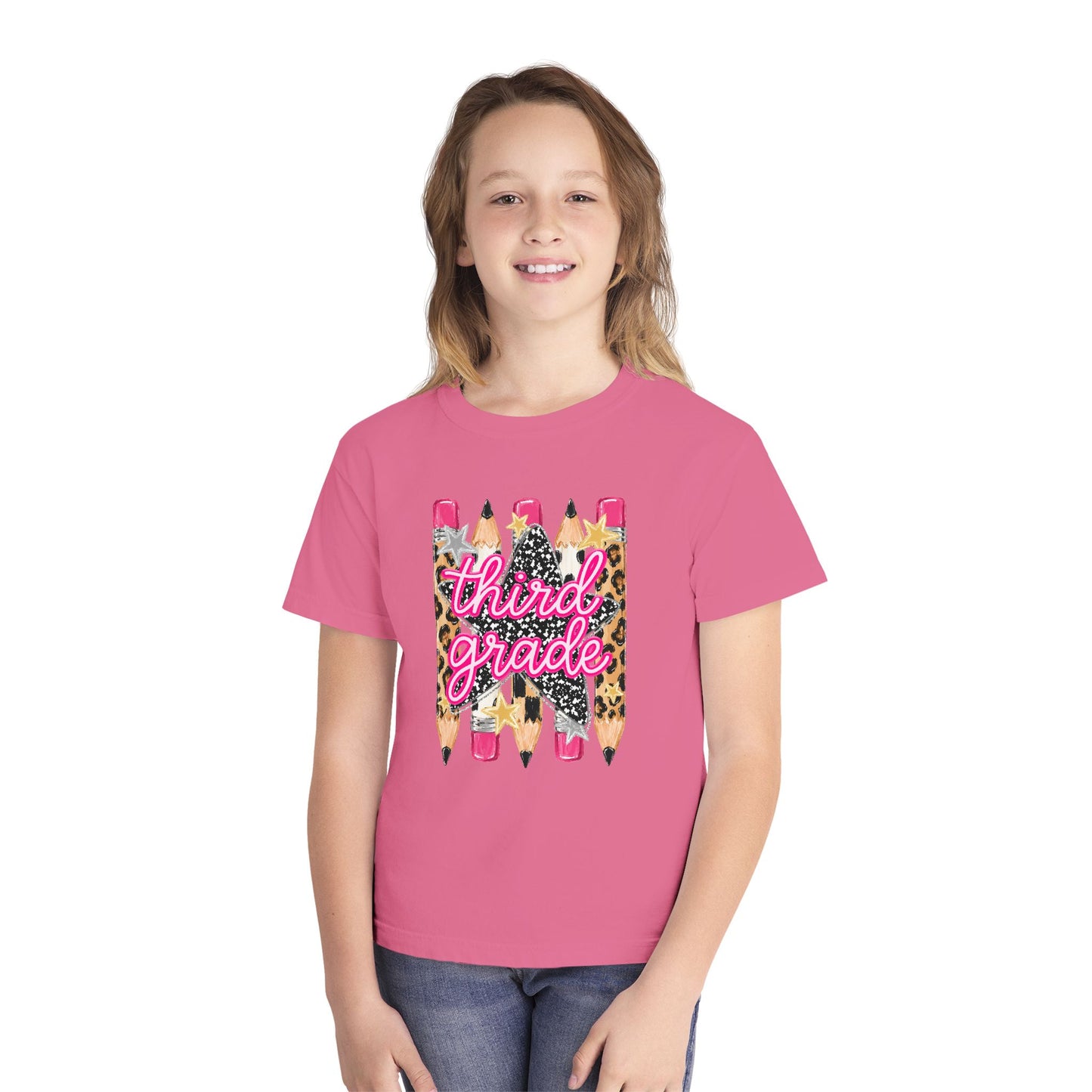 Third Grade Pencils Youth Tee — Leopard & Glitter Back-to-School Shirt