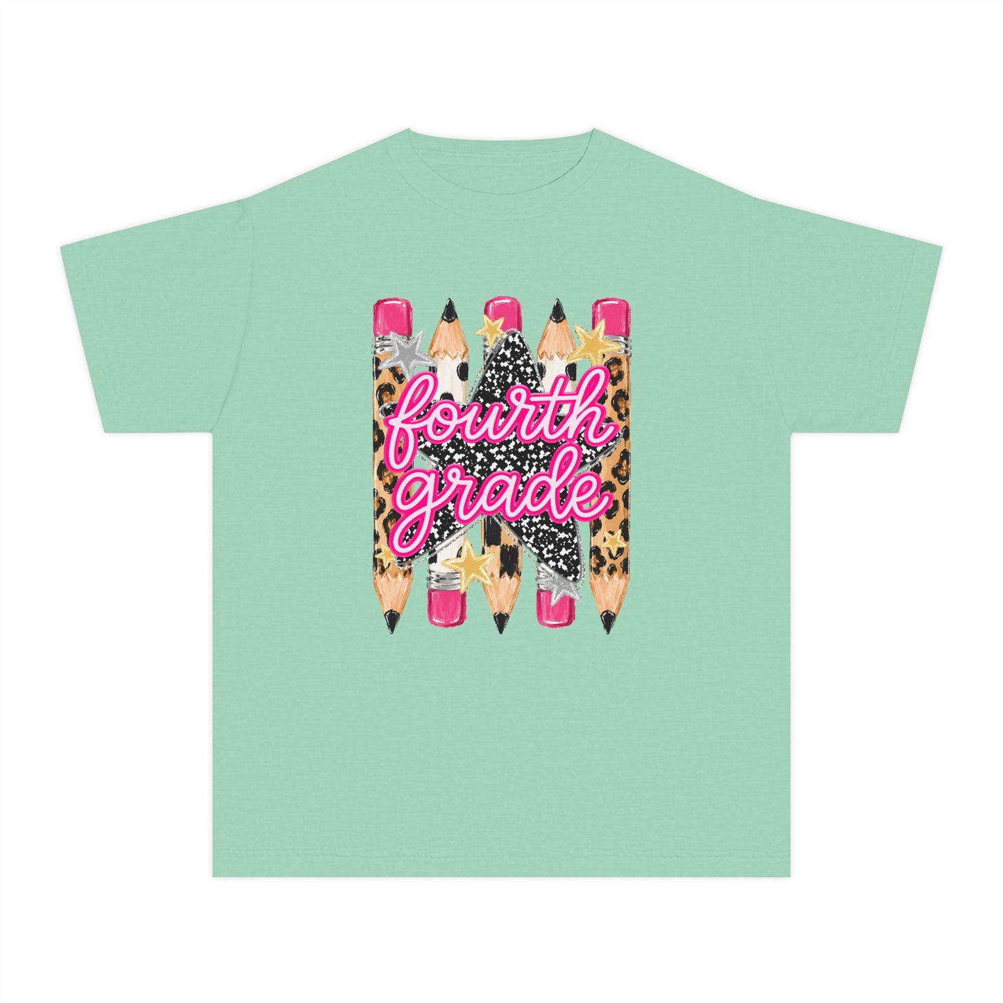 Fourth Grade Leopard Pencil Youth Tee — Back-to-School Cute Kids Shirt