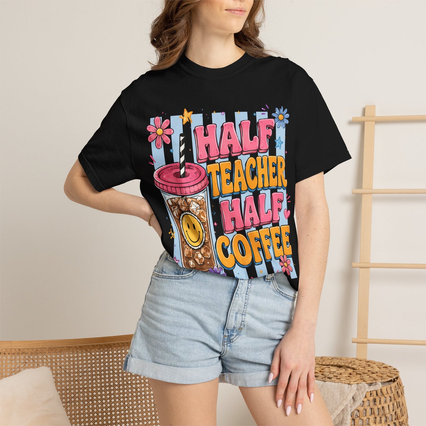 Teacher Coffee T-Shirt — "Half Teacher Half Coffee" Cute Floral Iced Coffee Tee