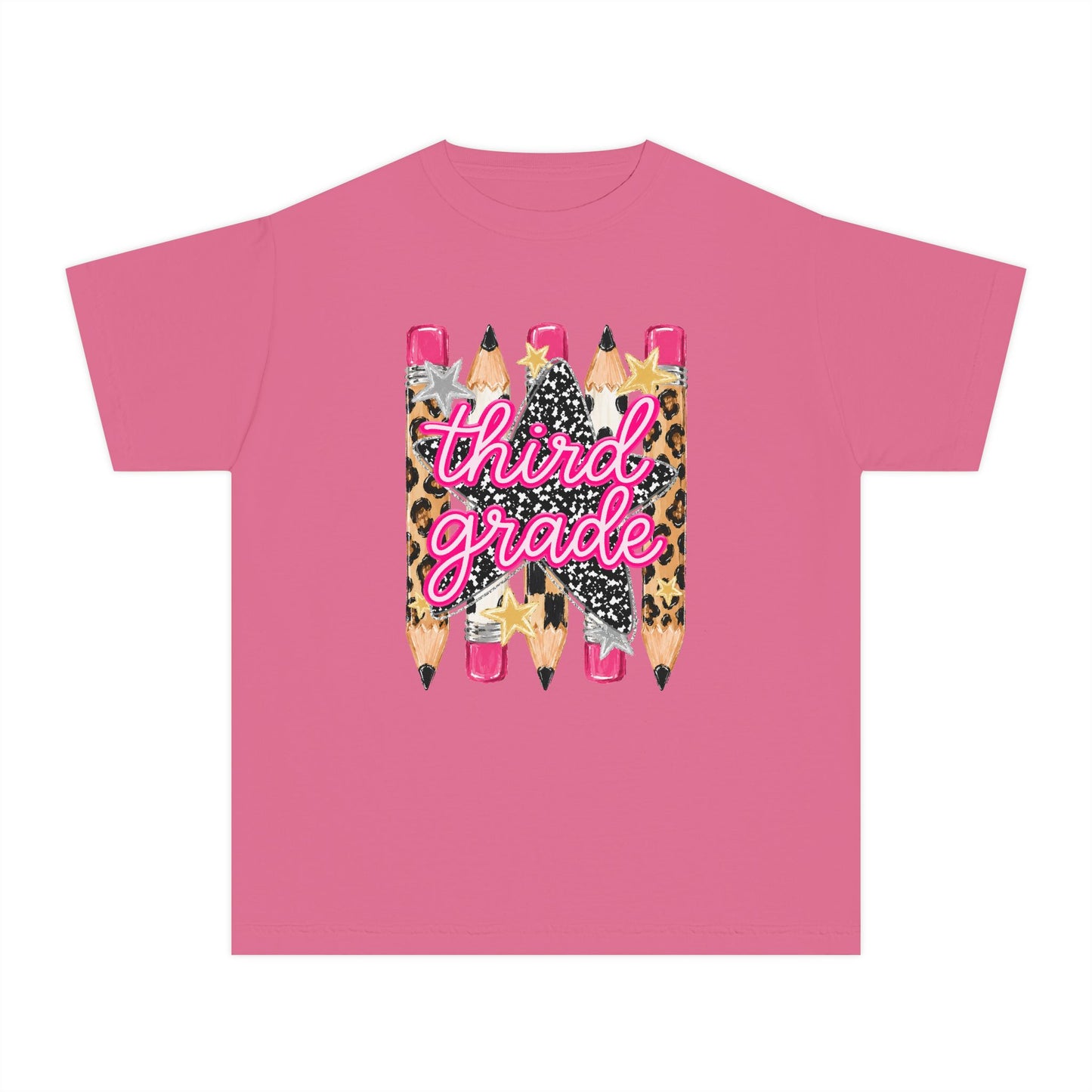 Third Grade Pencils Youth Tee — Leopard & Glitter Back-to-School Shirt