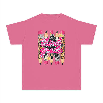 Third Grade Pencils Youth Tee — Leopard & Glitter Back-to-School Shirt