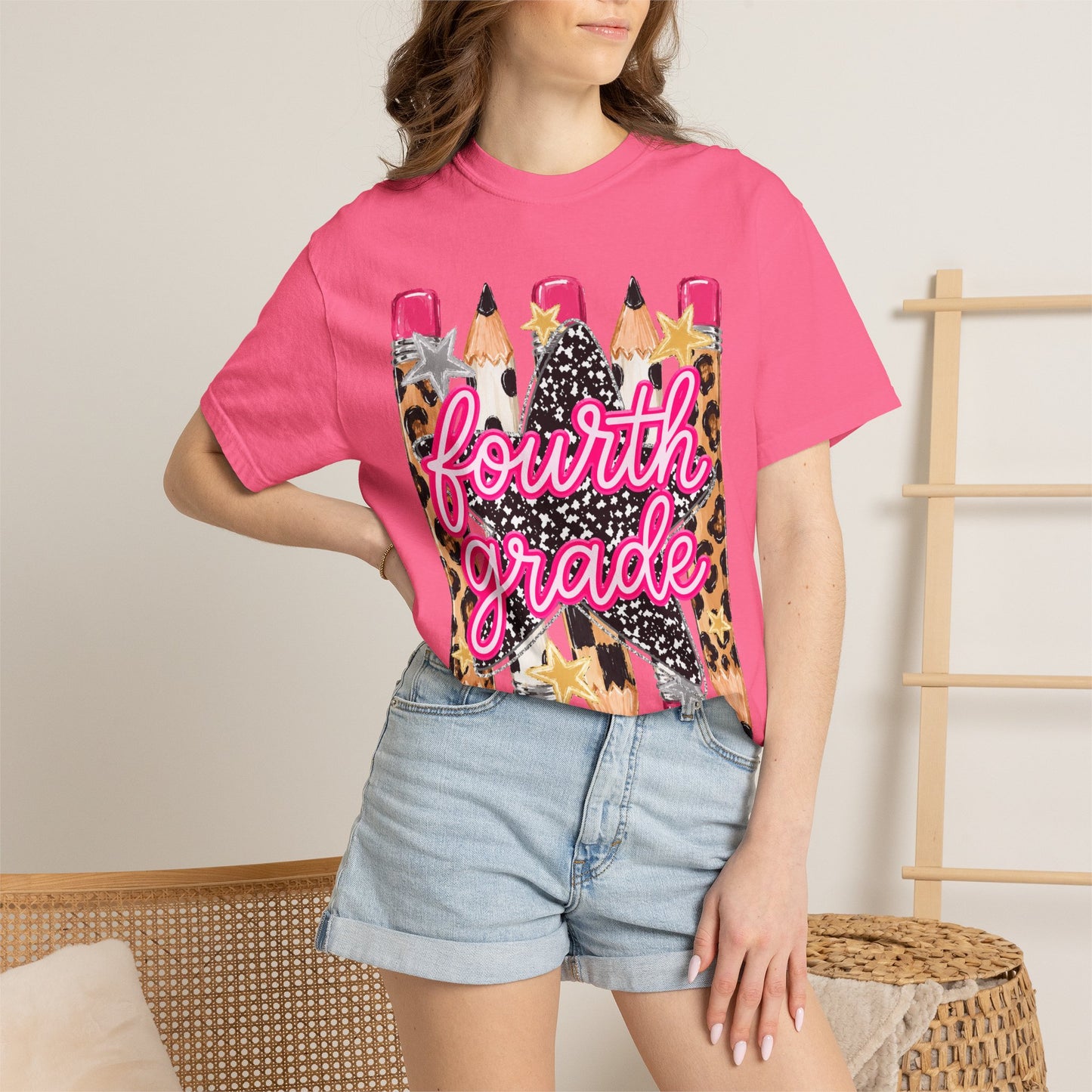 Fourth Grade Leopard Pencil T-Shirt