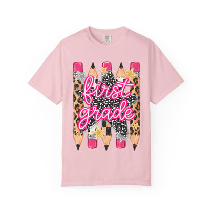 First Grade Pencil Leopard T-Shirt — Cute Back-to-School Tee