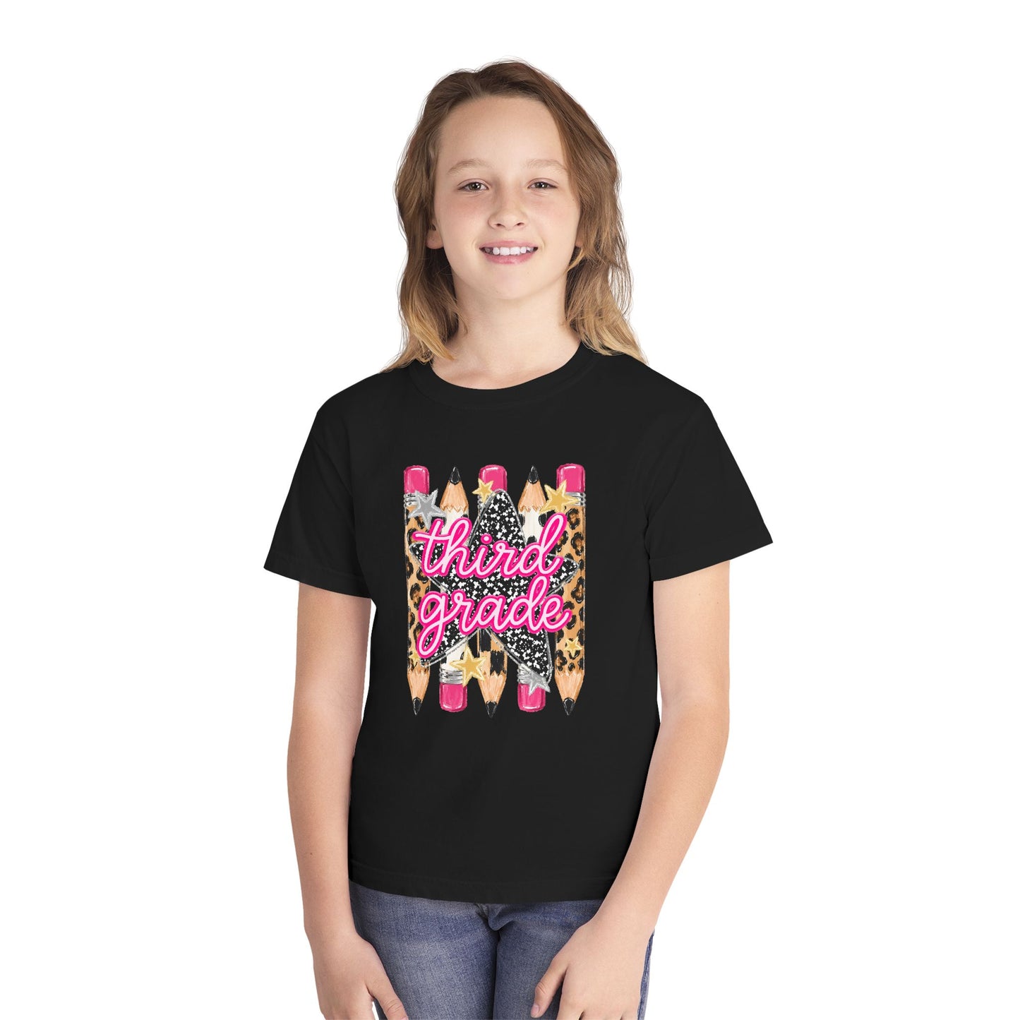 Third Grade Pencils Youth Tee — Leopard & Glitter Back-to-School Shirt
