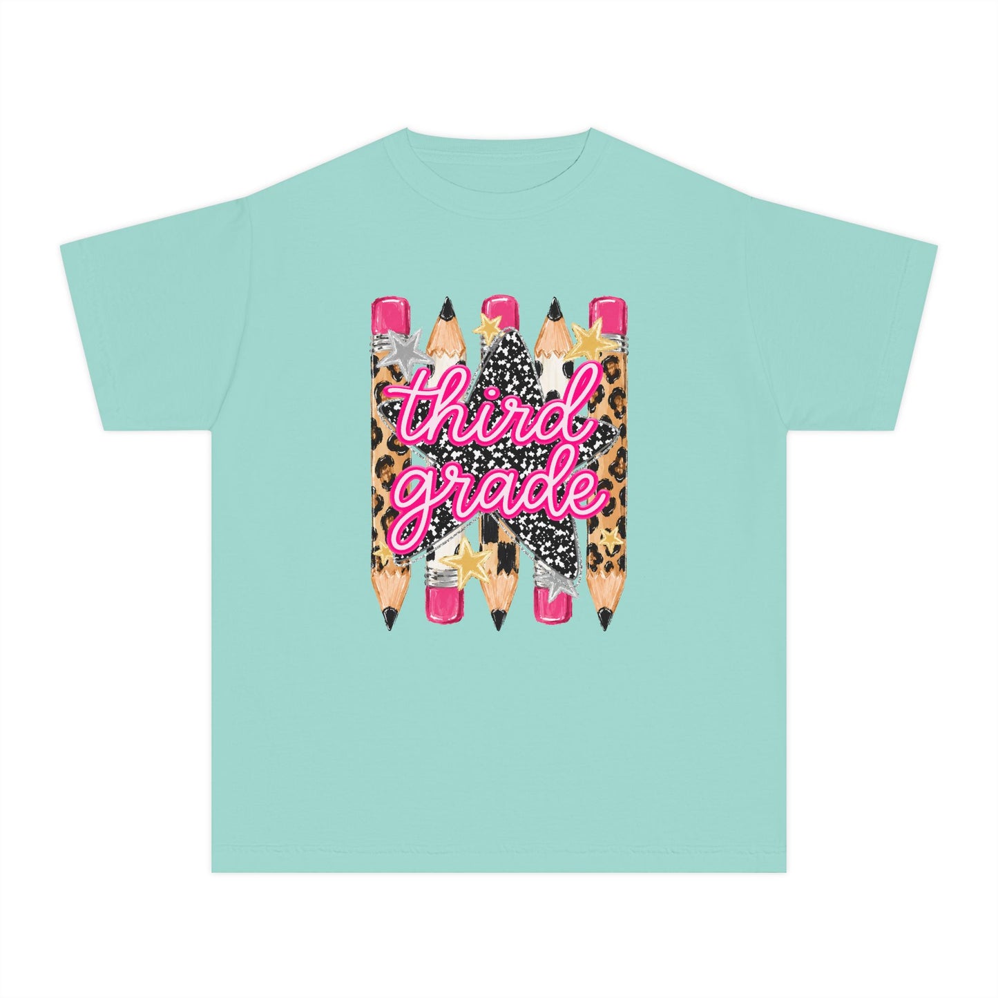 Third Grade Pencils Youth Tee — Leopard & Glitter Back-to-School Shirt