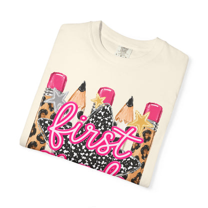 First Grade Pencil Leopard T-Shirt — Cute Back-to-School Tee