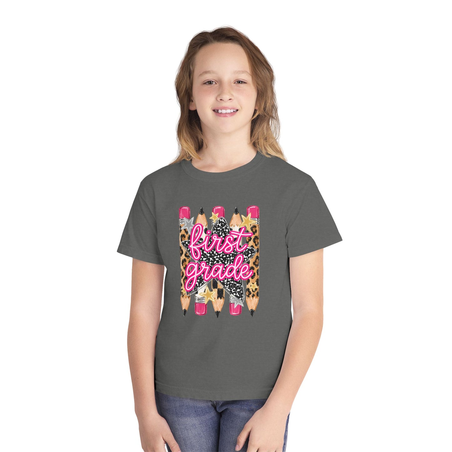 First Grade Leopard Pencil Youth Tee — Back to School Graphic Shirt